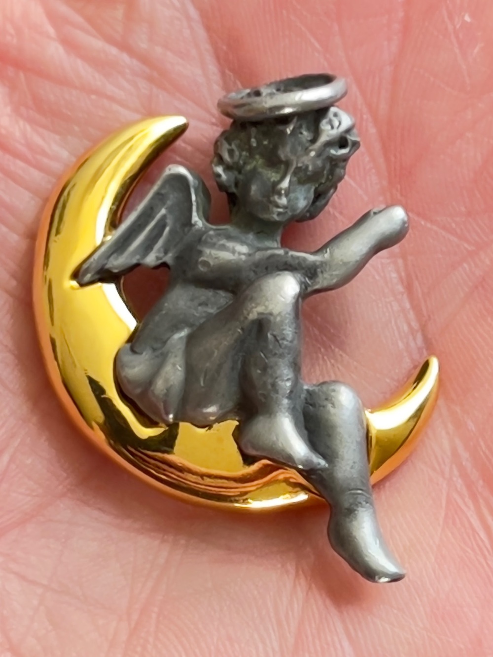 Vintage Pewter Cherub Angel on Gold Tone Crescent Moon Brooch Solid Cast 16.55g